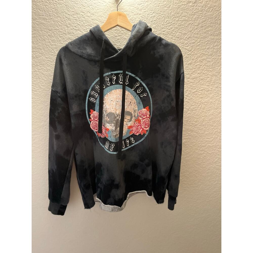 Peace Love World Grateful Skull Hoodie Charcoal Tie Dye Sz M Boho Grunge Casual - Picture 3 of 8